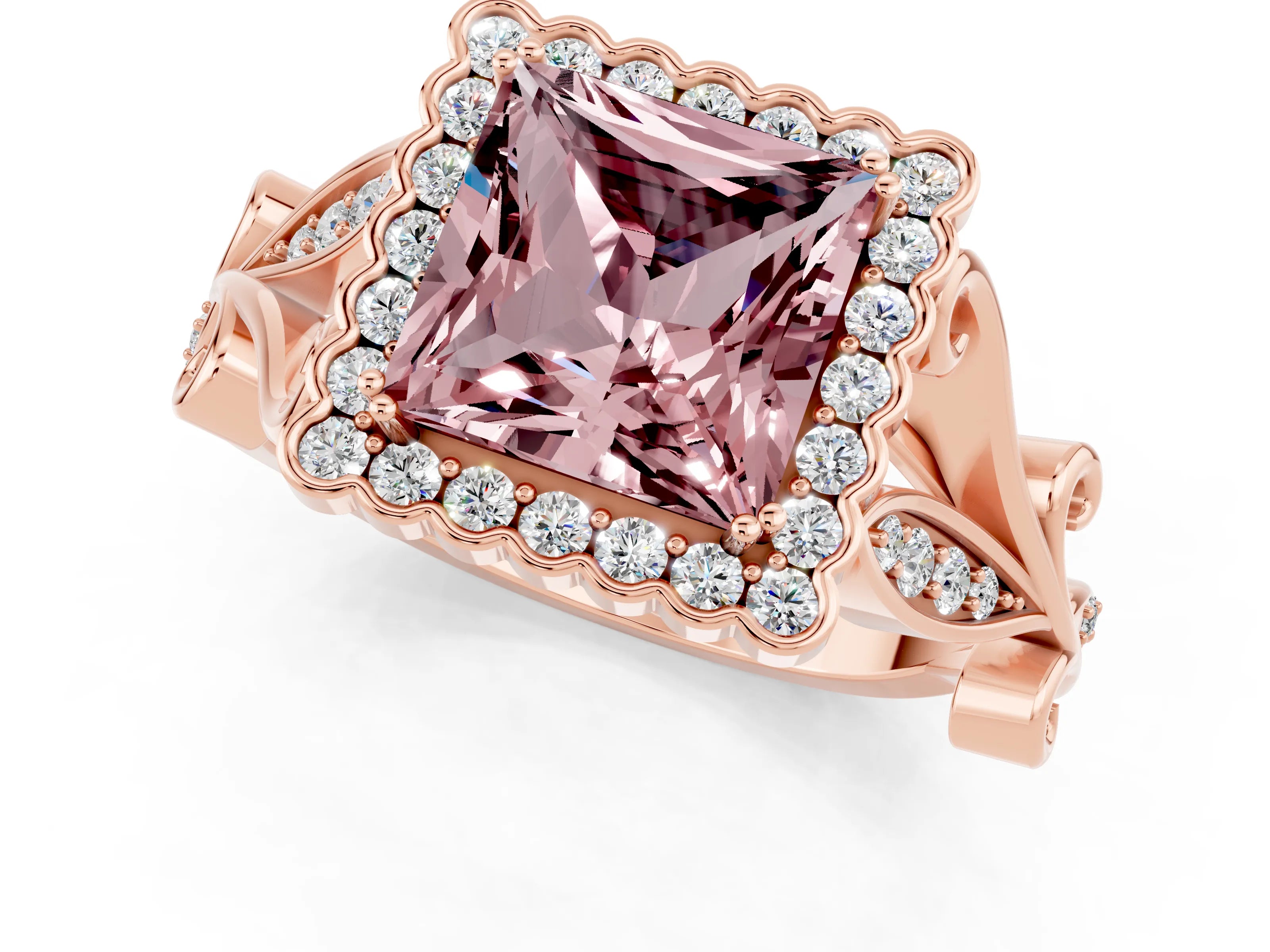 Rose gold Princess Cut Morganite Halo Ring with Vintage Split Shank and Four-Prong Setting_1