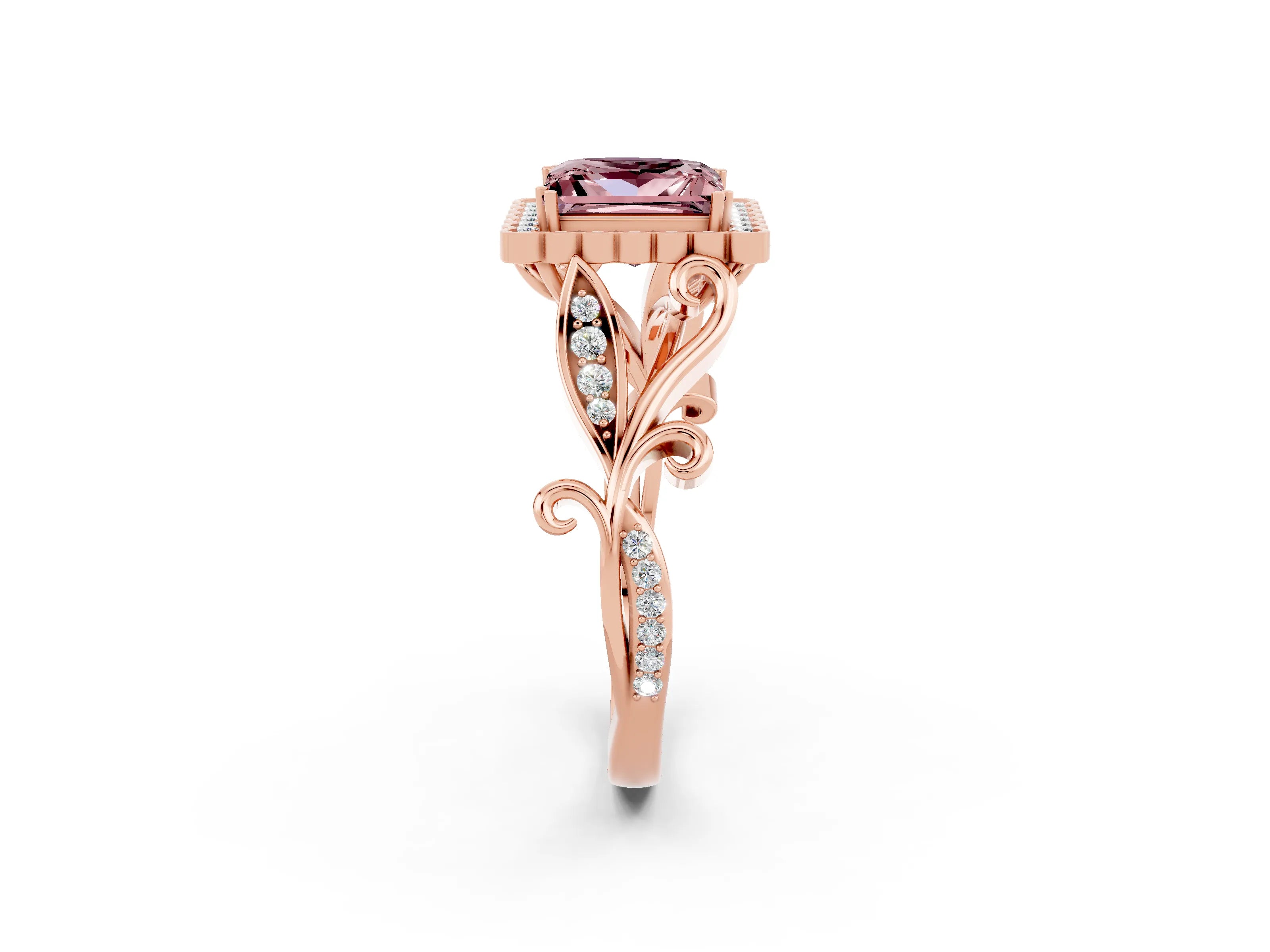 Rose gold Princess Cut Morganite Halo Ring with Vintage Split Shank and Four-Prong Setting_2
