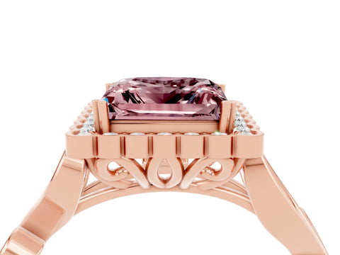 Rose gold Princess Cut Morganite Halo Ring with Vintage Split Shank and Four-Prong Setting_4
