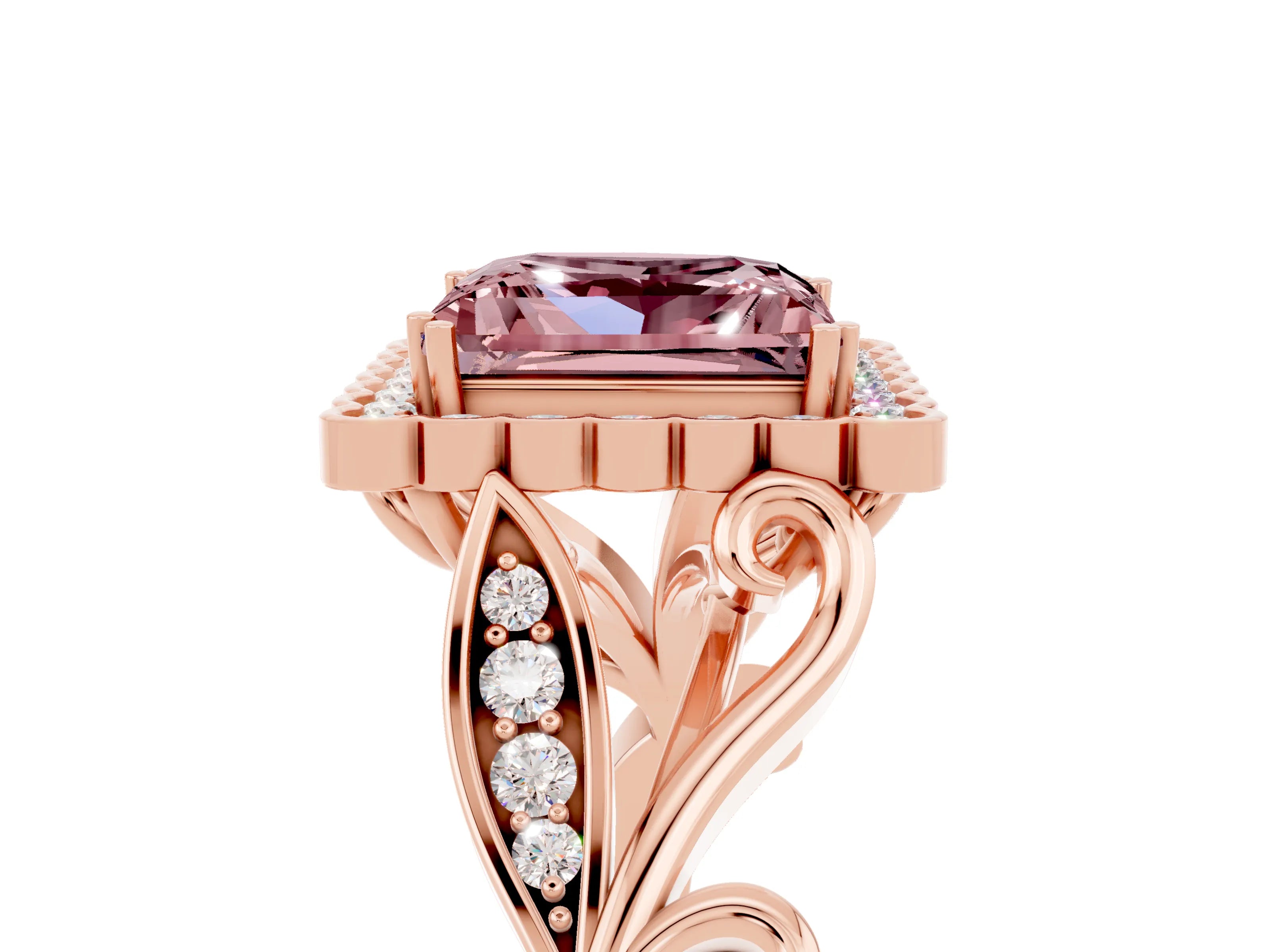 Rose gold Princess Cut Morganite Halo Ring with Vintage Split Shank and Four-Prong Setting_5