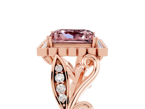 Rose gold Princess Cut Morganite Halo Ring with Vintage Split Shank and Four-Prong Setting_5