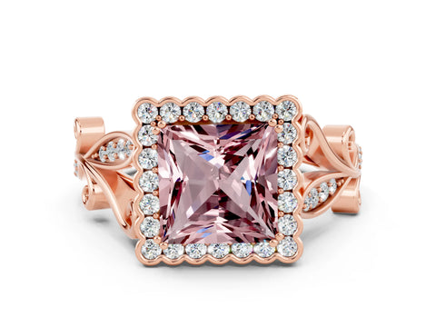 Rose gold Princess Cut Morganite Halo Ring with Vintage Split Shank and Four-Prong Setting