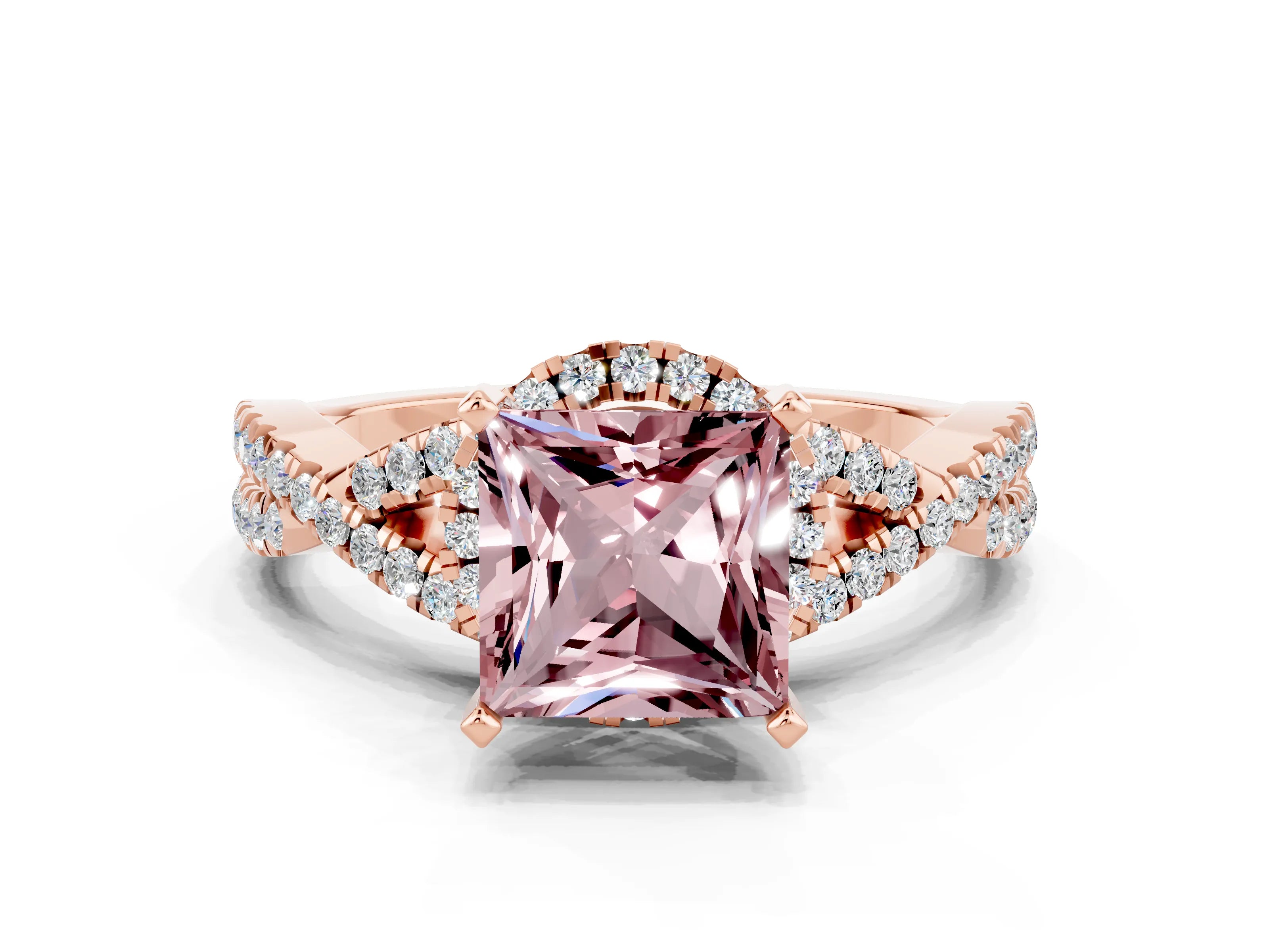 Rose gold Princess Cut Morganite Halo Twist Band Solitaire Prong Setting Ring