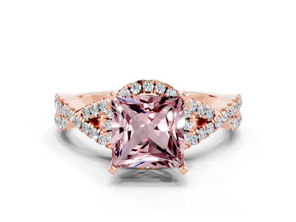 Rose gold Princess Cut Morganite  Halo Twist Band Solitaire Prong Setting Ring
