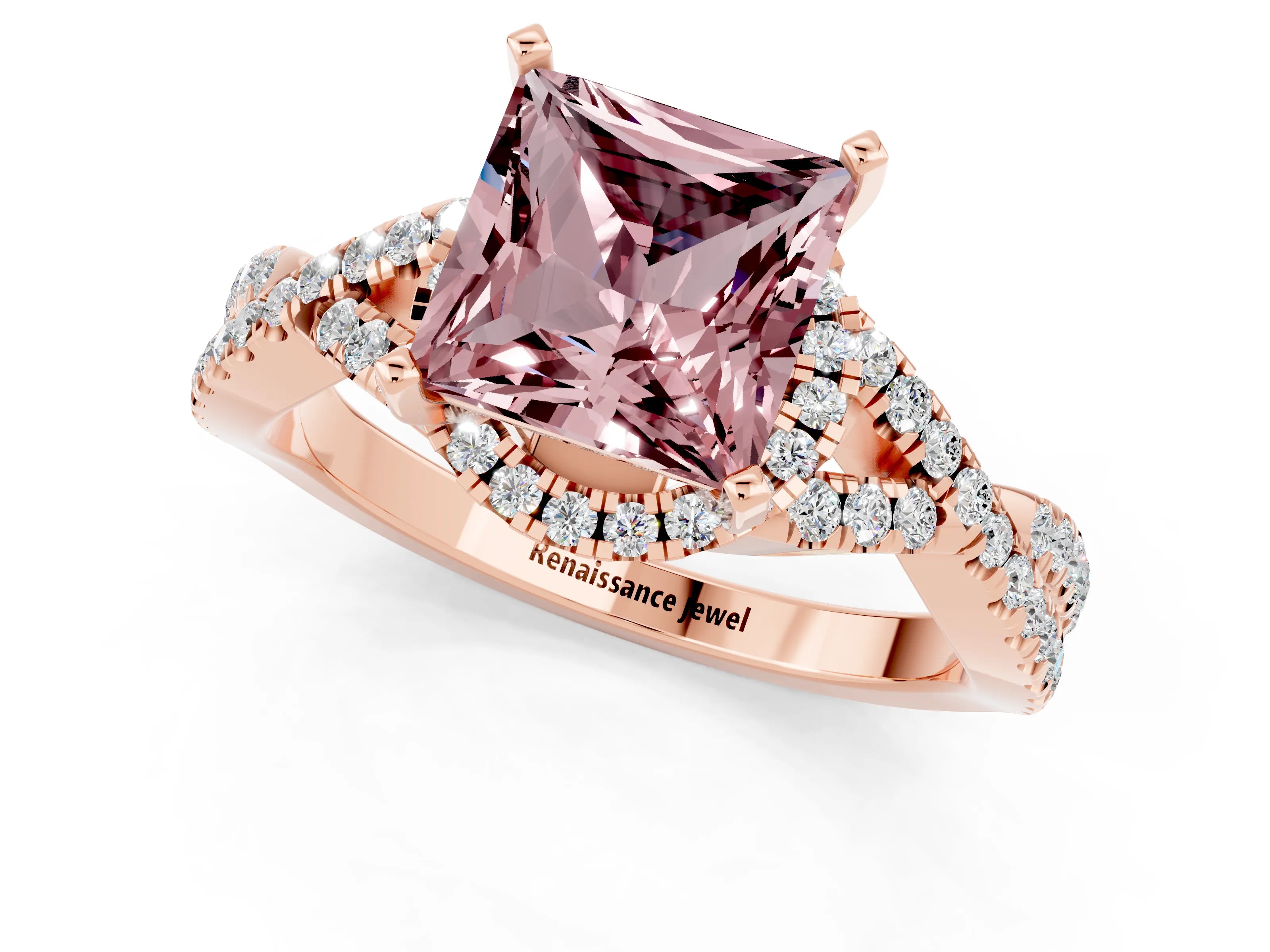 Rose gold Princess Cut Morganite Halo Twist Band Solitaire Prong Setting Ring_1