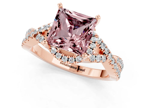 Rose gold Princess Cut Morganite Halo Twist Band Solitaire Prong Setting Ring_1