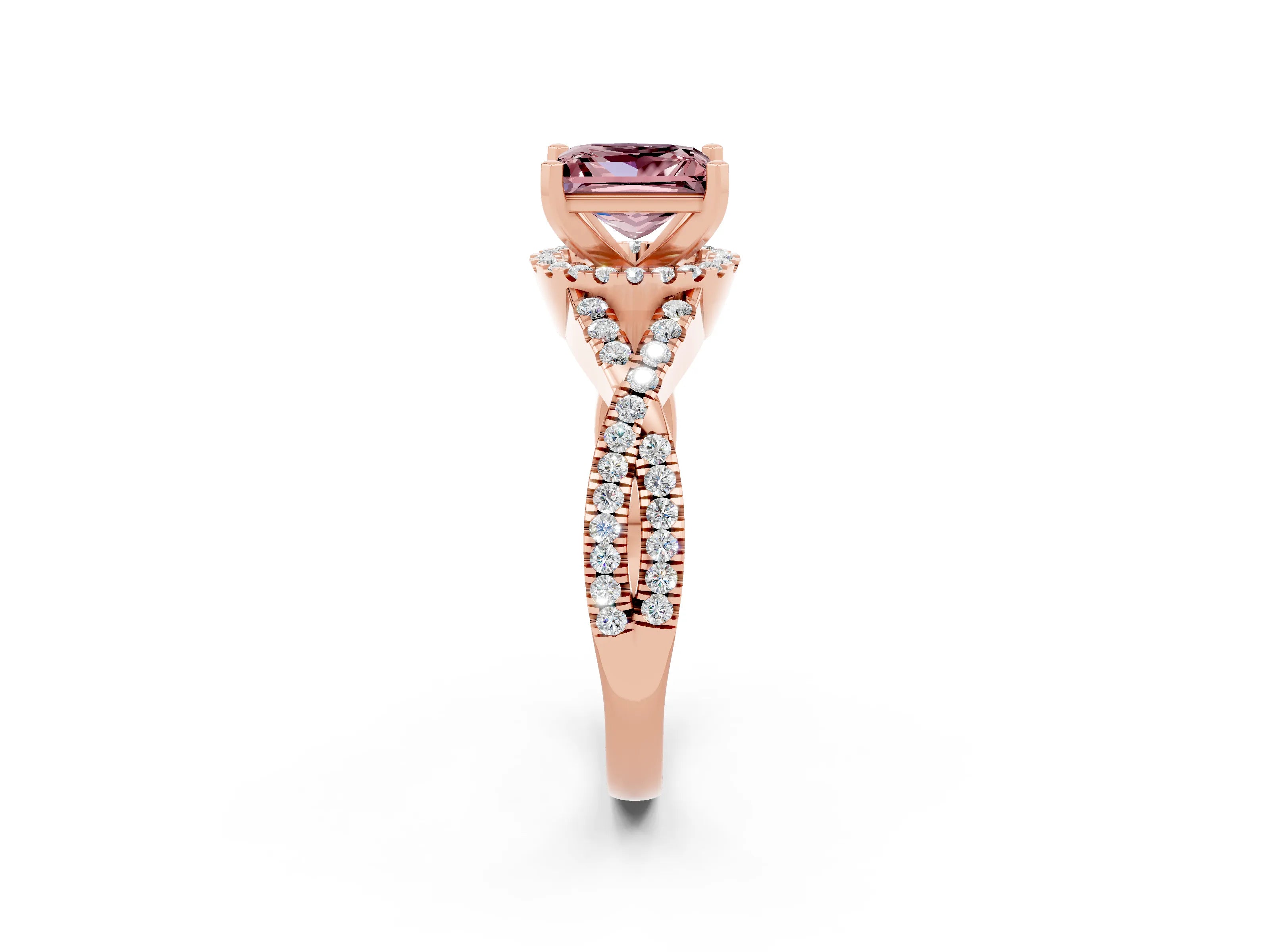 Rose gold Princess Cut Morganite Halo Twist Band Solitaire Prong Setting Ring_2