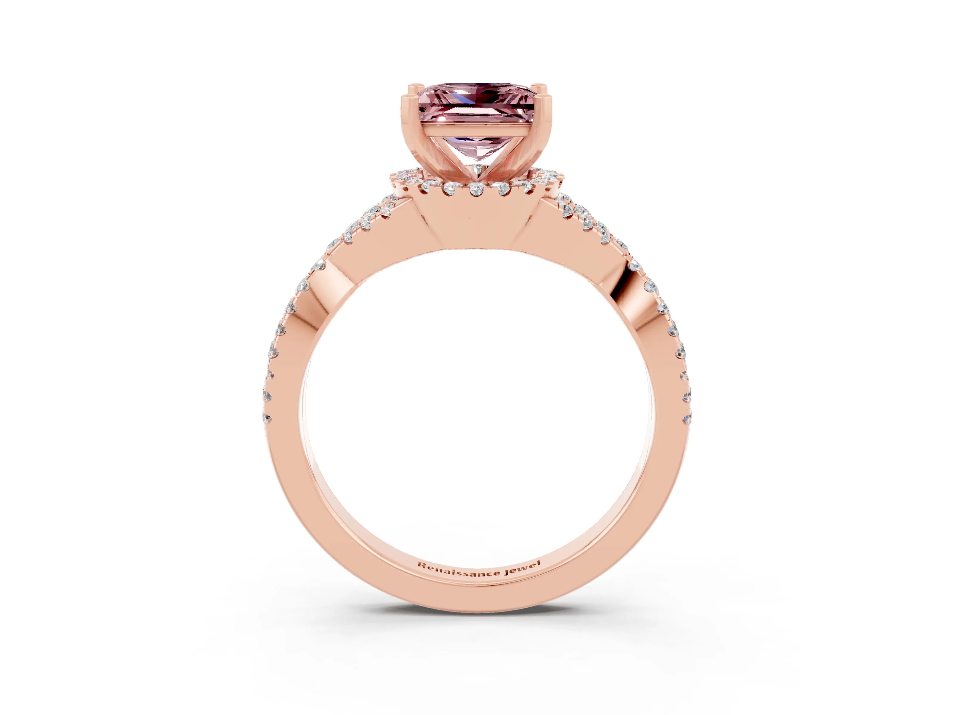 Rose gold Princess Cut Morganite Halo Twist Band Solitaire Prong Setting Ring_3