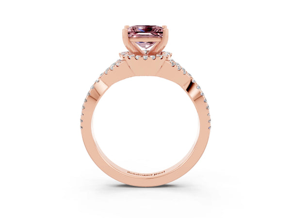 Rose gold Princess Cut Morganite  Halo Twist Band Solitaire Prong Setting Ring