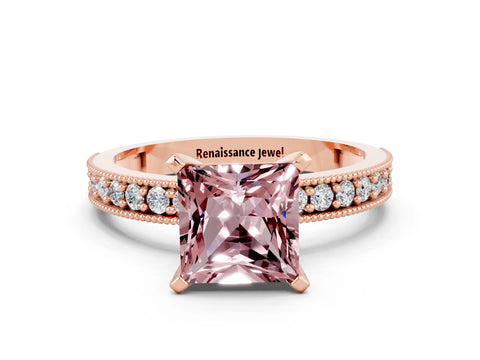 Rose gold Princess Cut Morganite Milgrain Pavé Engagement Ring with Four-Prong Setting_12