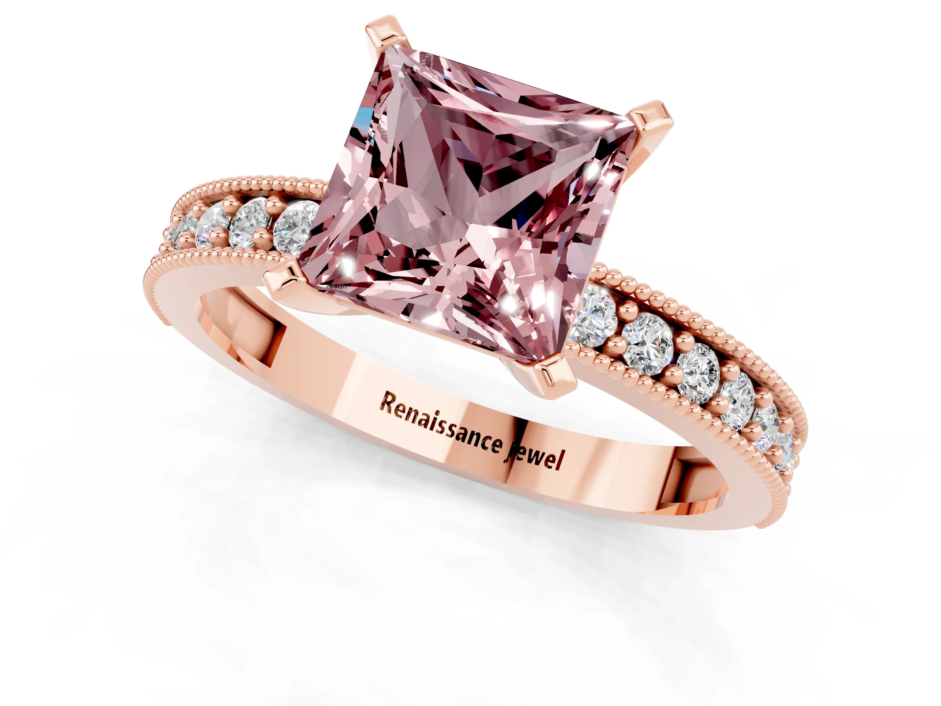 Rose gold Princess Cut Morganite Milgrain Pavé Engagement Ring with Four-Prong Setting_13