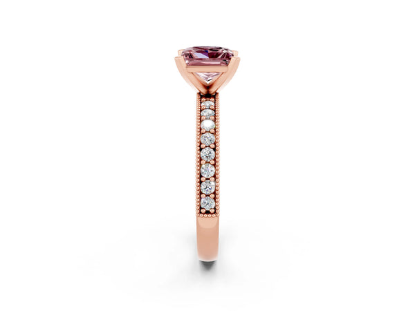 Rose gold Princess Cut Morganite Milgrain Pavé Engagement Ring with Four-Prong Setting