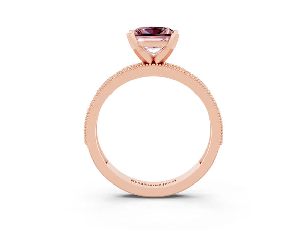 Rose gold Princess Cut Morganite Milgrain Pavé Engagement Ring with Four-Prong Setting