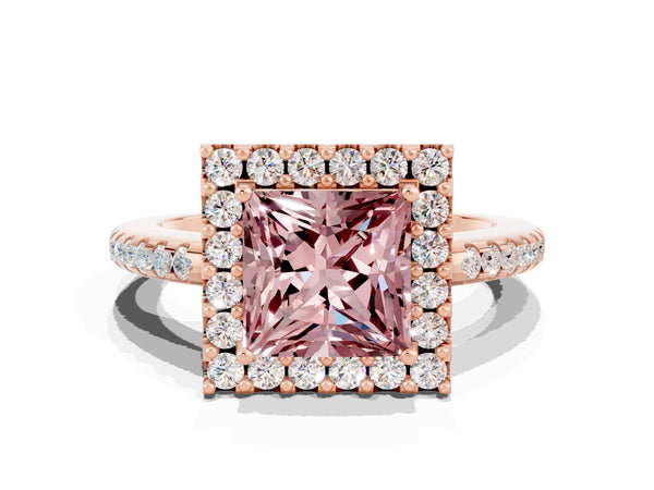 Rose gold Princess Cut Morganite Pavé Halo Ring with Four-Prong Setting