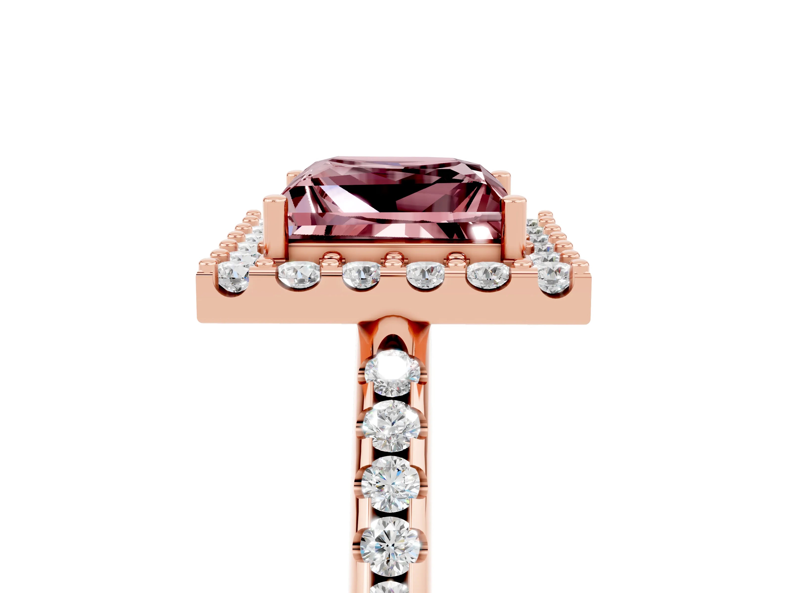 Rose gold Princess Cut Morganite Pavé Halo Ring with Four-Prong Setting_17