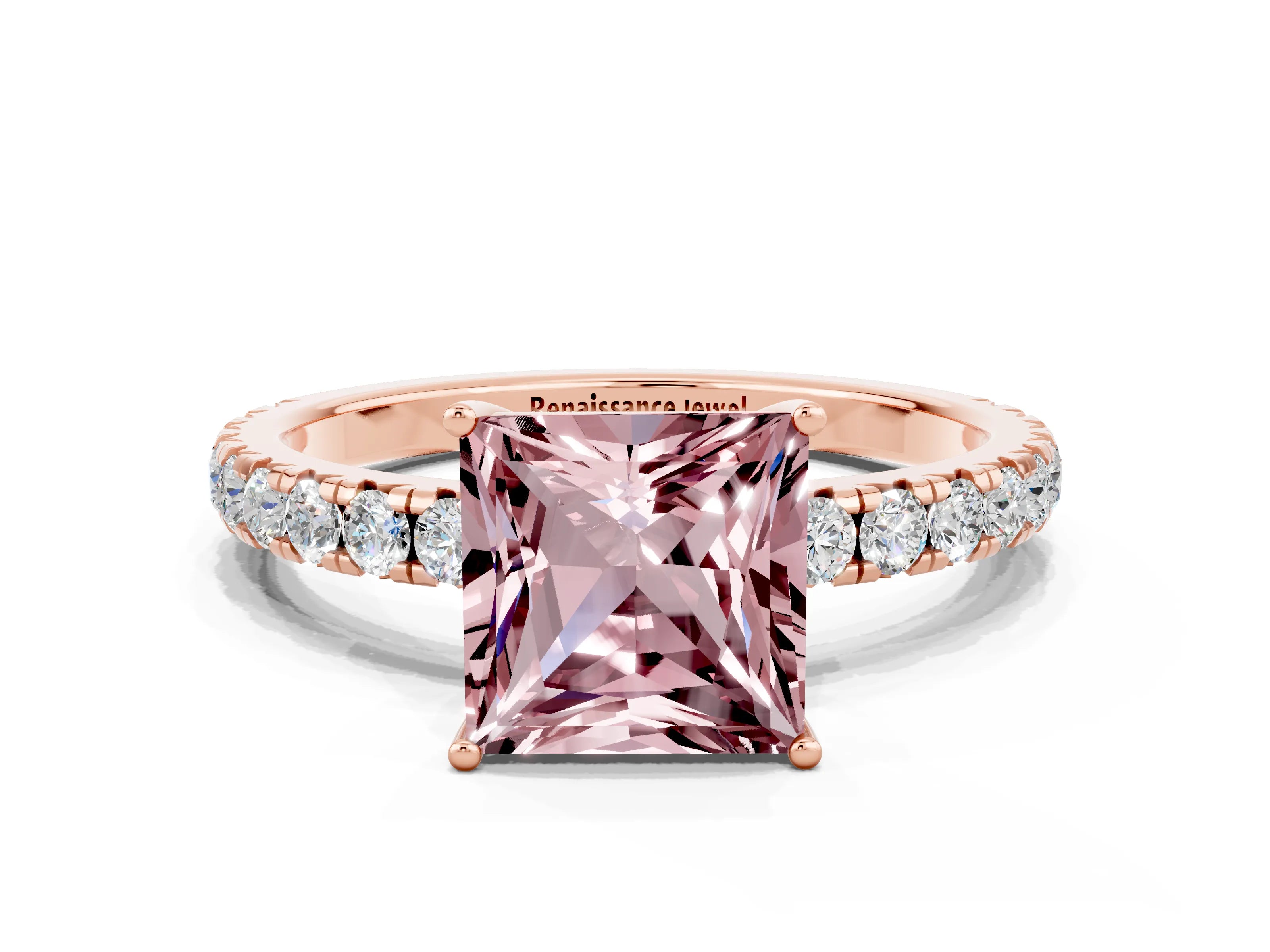 Rose gold Princess Cut Morganite Pavé Solitaire Engagement Ring with Four-Prong Setting_12