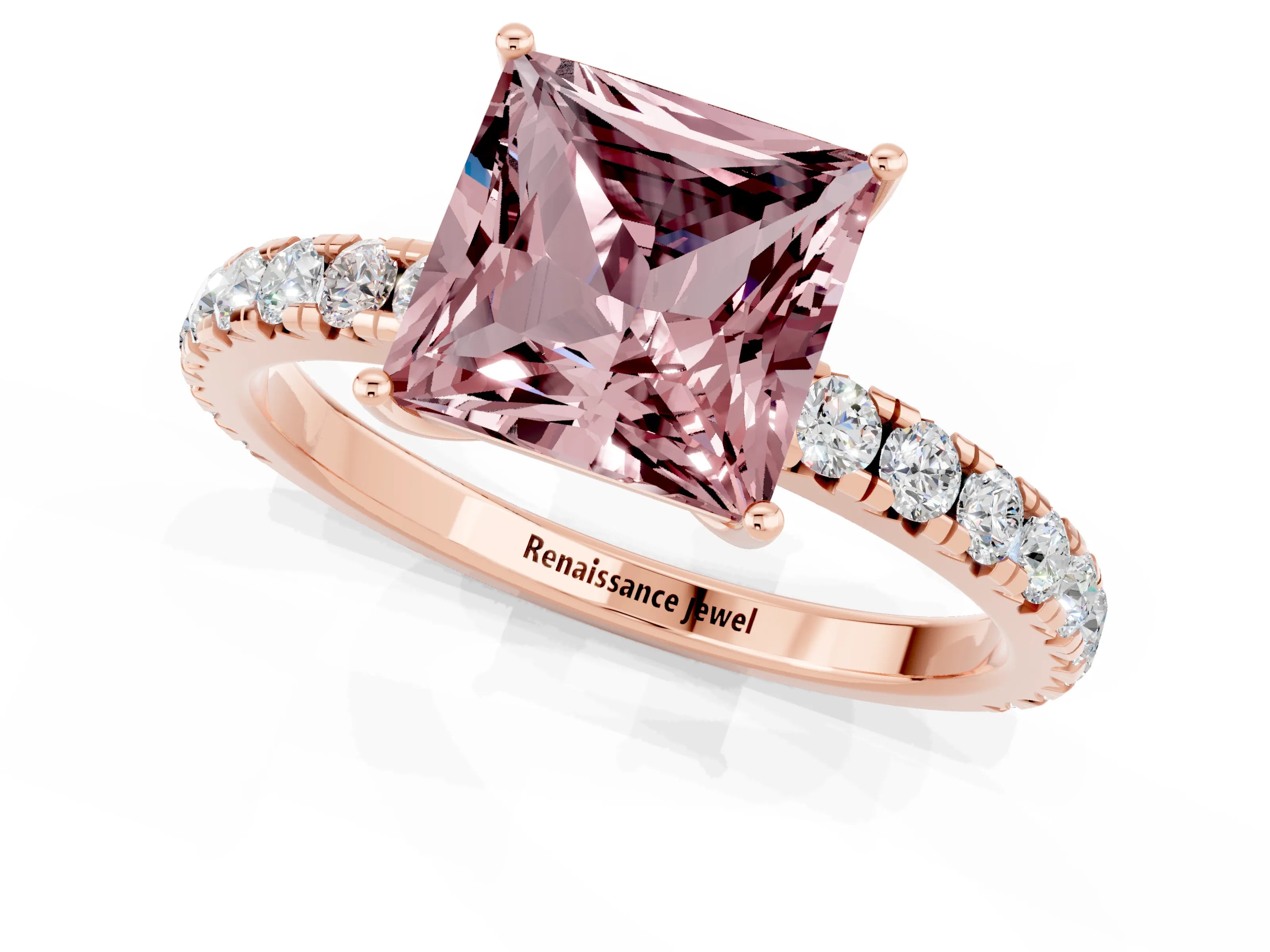 Rose gold Princess Cut Morganite Pavé Solitaire Engagement Ring with Four-Prong Setting_13