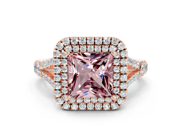 Rose gold Princess Cut Morganite Pavé Split Shank Double Halo Engagement Ring