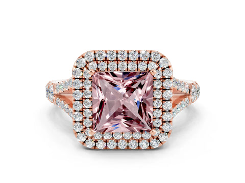 Rose gold Princess Cut Morganite Pavé Split Shank Double Halo Engagement Ring