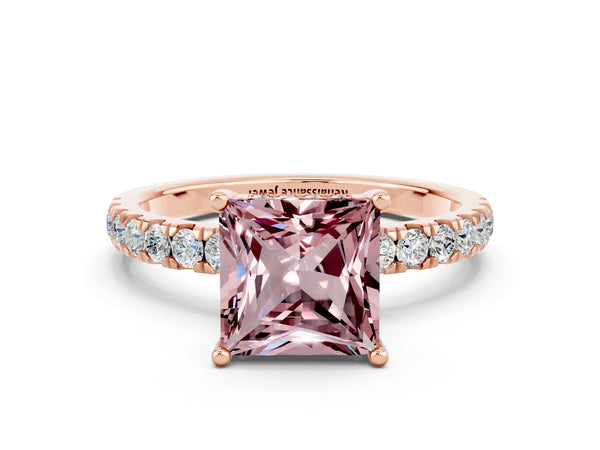 Rose gold Princess Cut Morganite Pave Band Solitaire Ring with Round  and Prong Setting