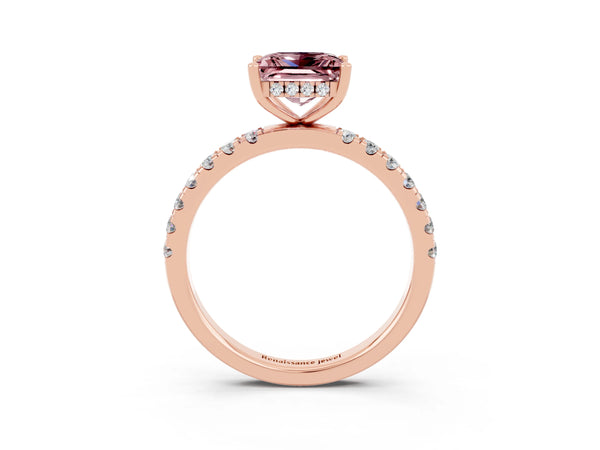 Rose gold Princess Cut Morganite Pave Band Solitaire Ring with Round  and Prong Setting