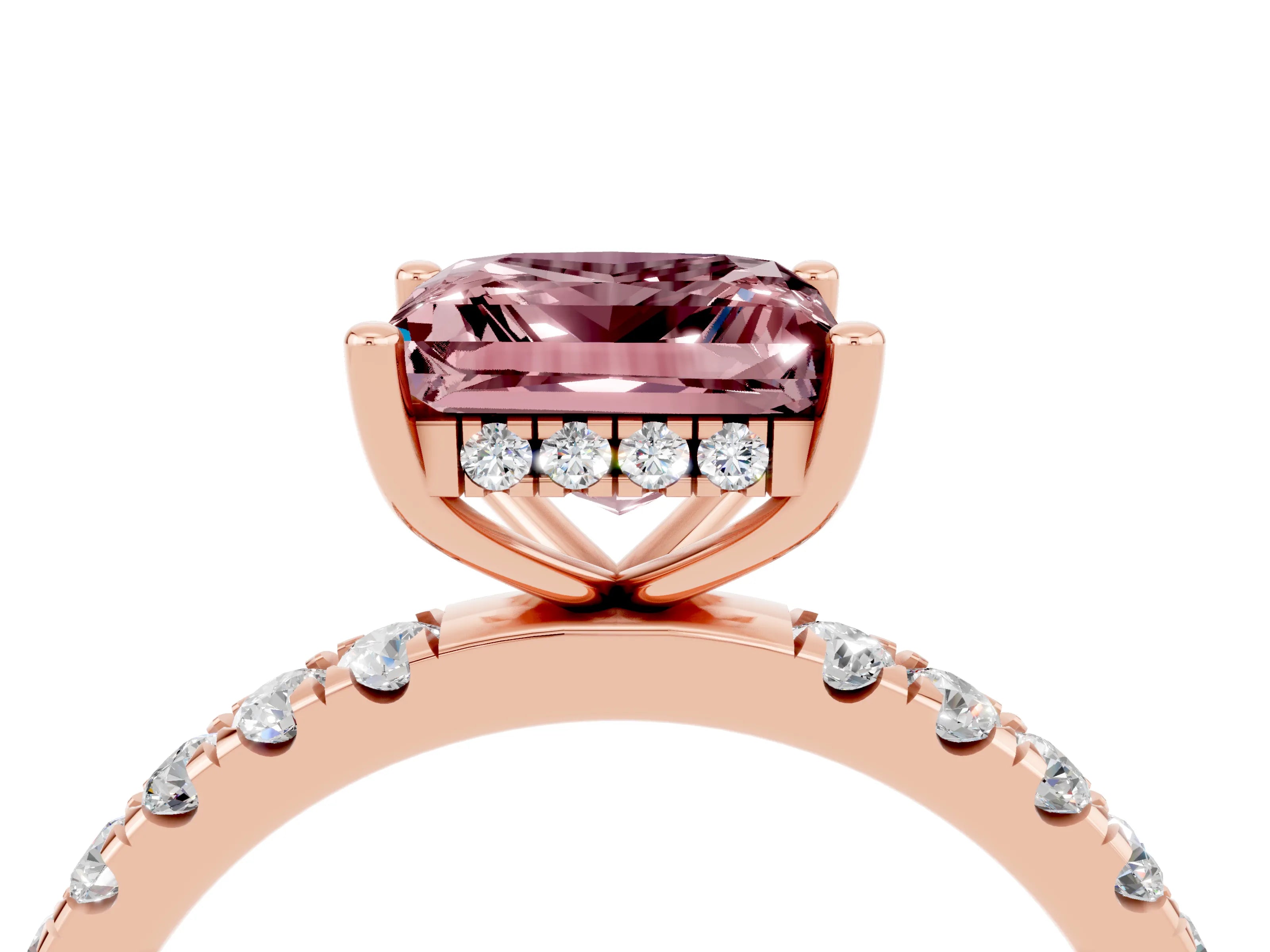Rose gold Princess Cut Morganite Pave Band Solitaire Ring with Four-Prong Setting_28
