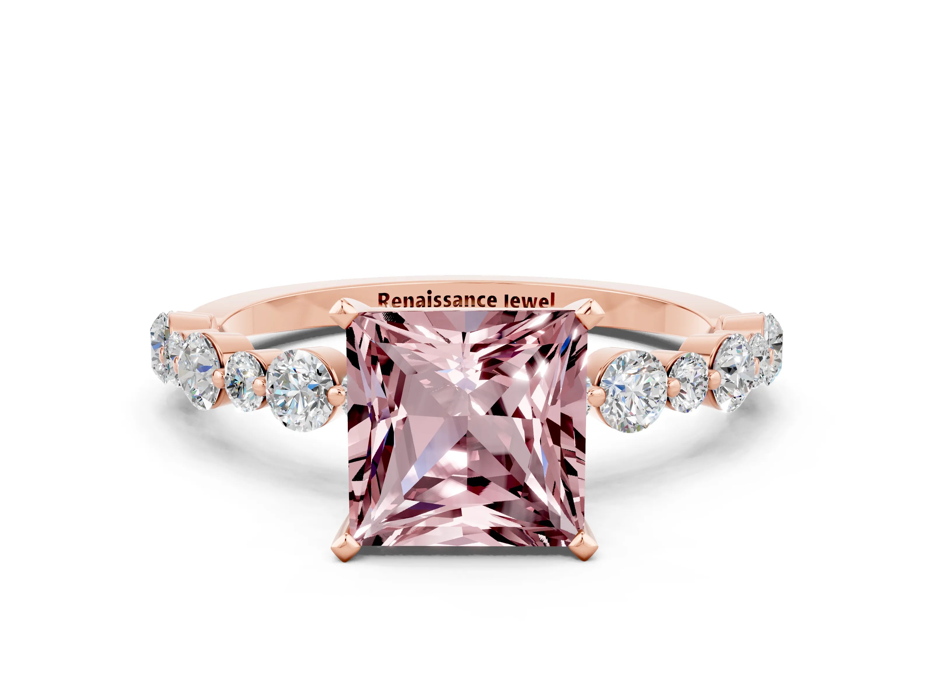 Rose gold Princess Cut Morganite Prong Set Engagement Ring with Pavé Band