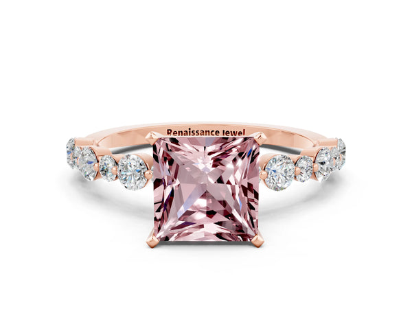 Rose gold Princess Cut Morganite Prong Set Engagement Ring with Pavé Band
