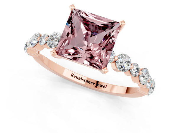Rose gold Princess Cut Morganite Prong Set Engagement Ring with Pavé Band