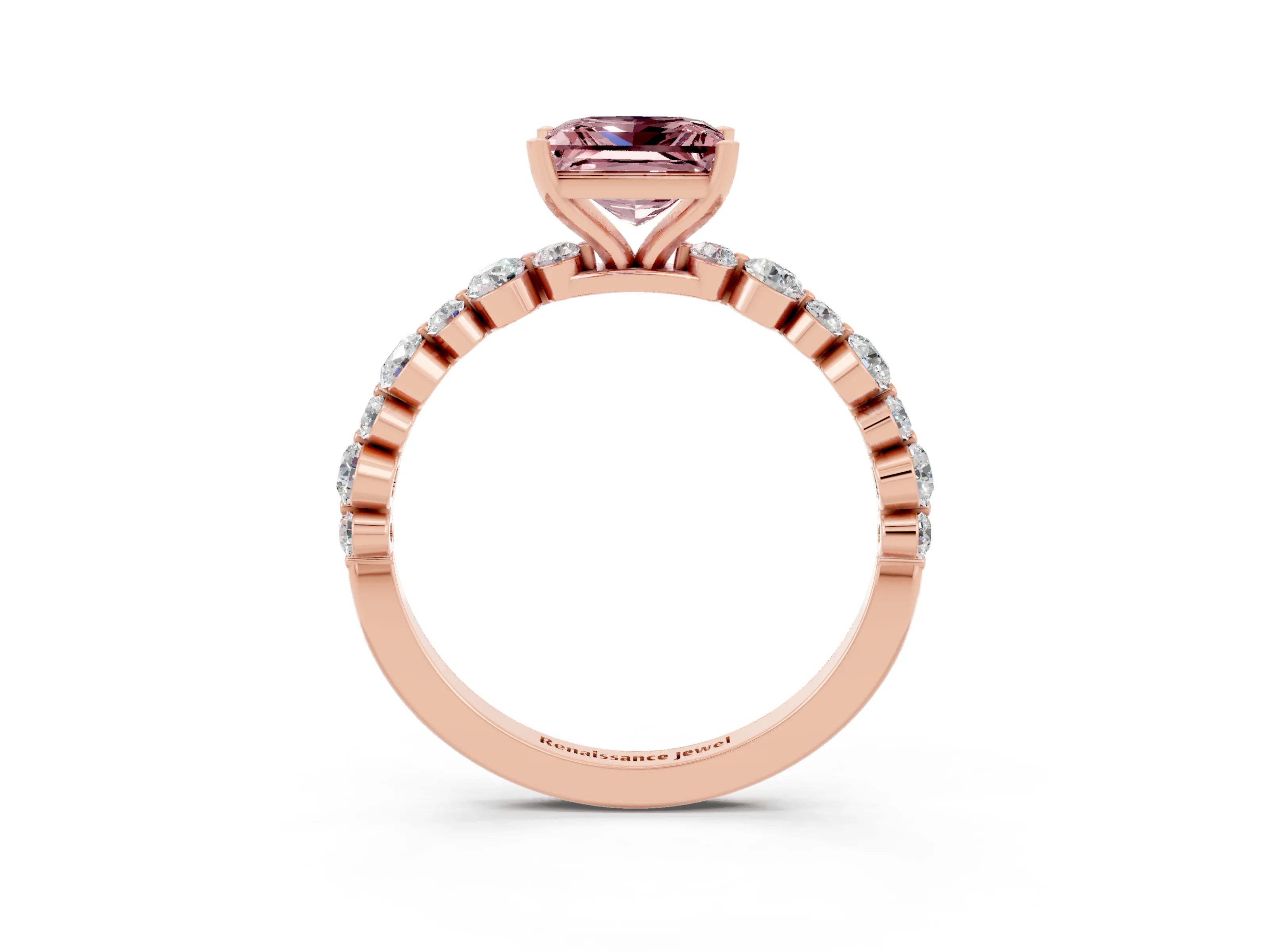 Rose gold Princess Cut Morganite Prong Set Engagement Ring with Pavé Band_3