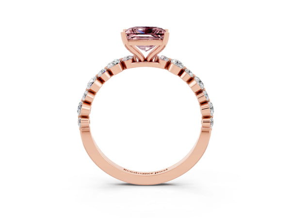 Rose gold Princess Cut Morganite Prong Set Engagement Ring with Pavé Band