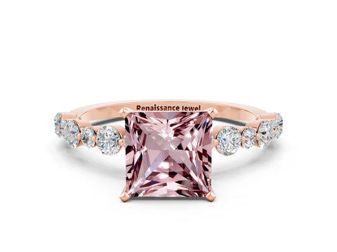 Rose gold Princess Cut Morganite Prong Set Engagement Ring with Pavé Band