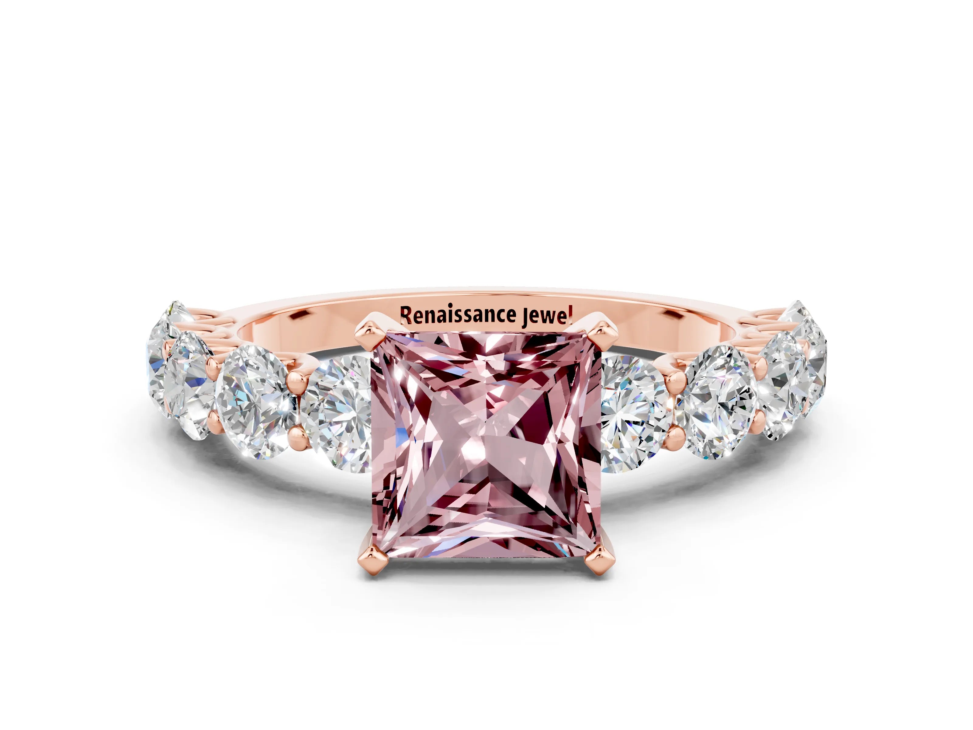 Rose gold Princess Cut Morganite Prong Setting with Side Stones on a Pave Band