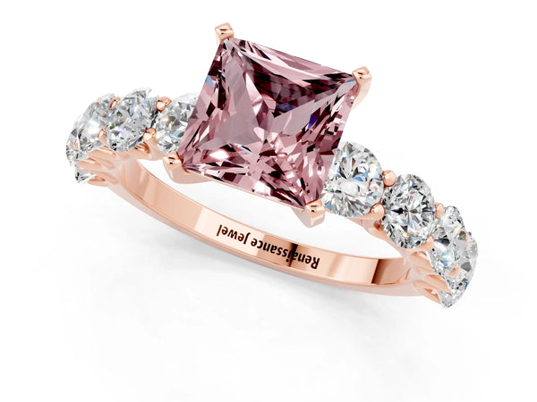 Rose gold Princess Cut Morganite Prong Setting with Side Stones on a Pave Band