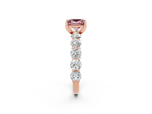 Rose gold Princess Cut Morganite Prong Setting with Side Stones on a Pave Band