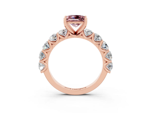 Rose gold Princess Cut Morganite Prong Setting with Side Stones on a Pave Band