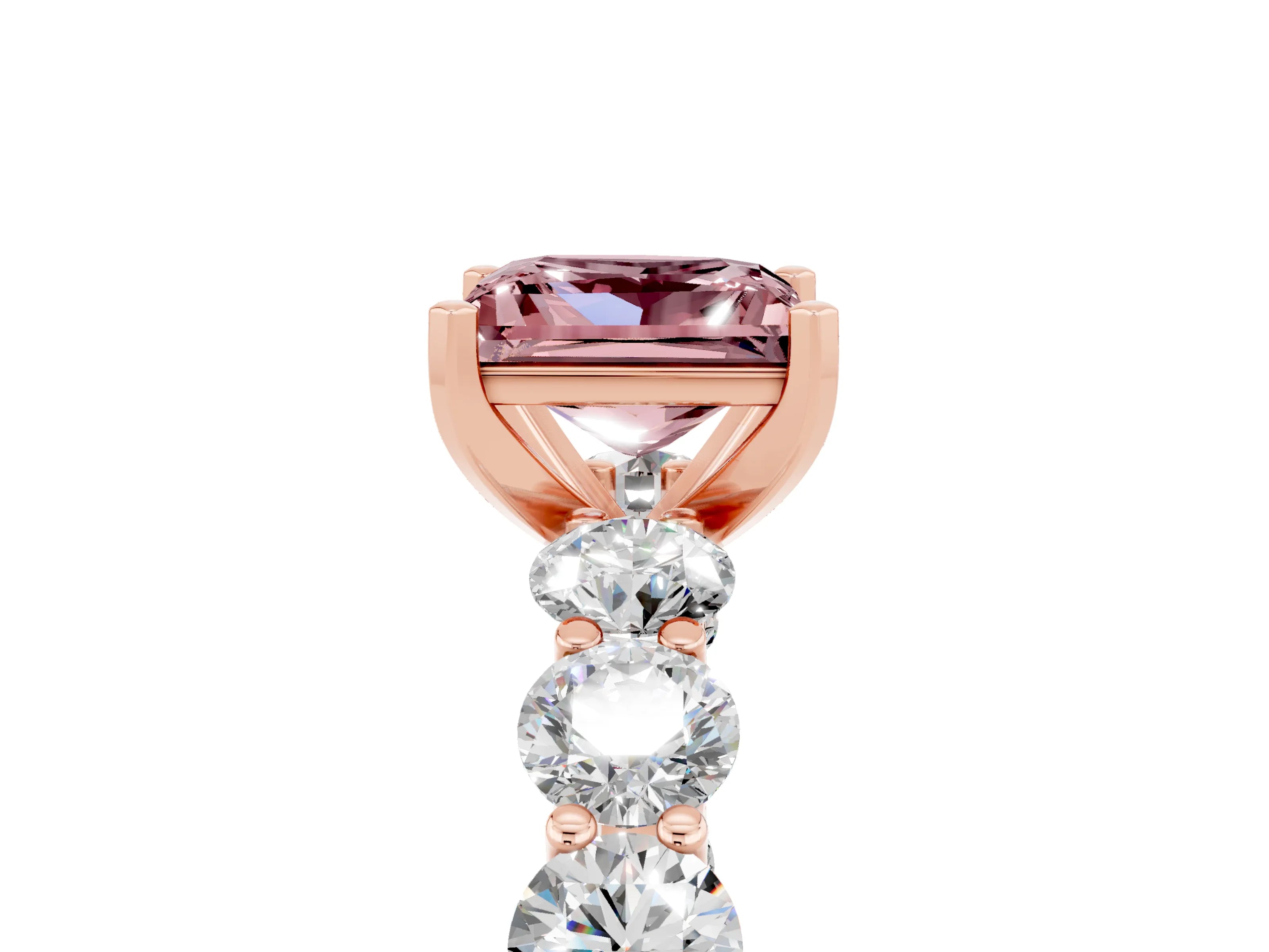 Rose gold Princess Cut Morganite Prong Setting with Side Stones on a Pave Band_5