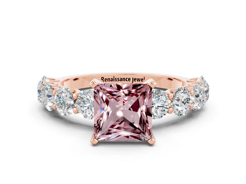 Rose gold Princess Cut Morganite Prong Setting with Side Stones on a Pave Band