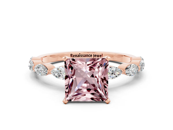 Rose gold Princess Cut Morganite Ring with Marquise Side Stones and Prong Setting