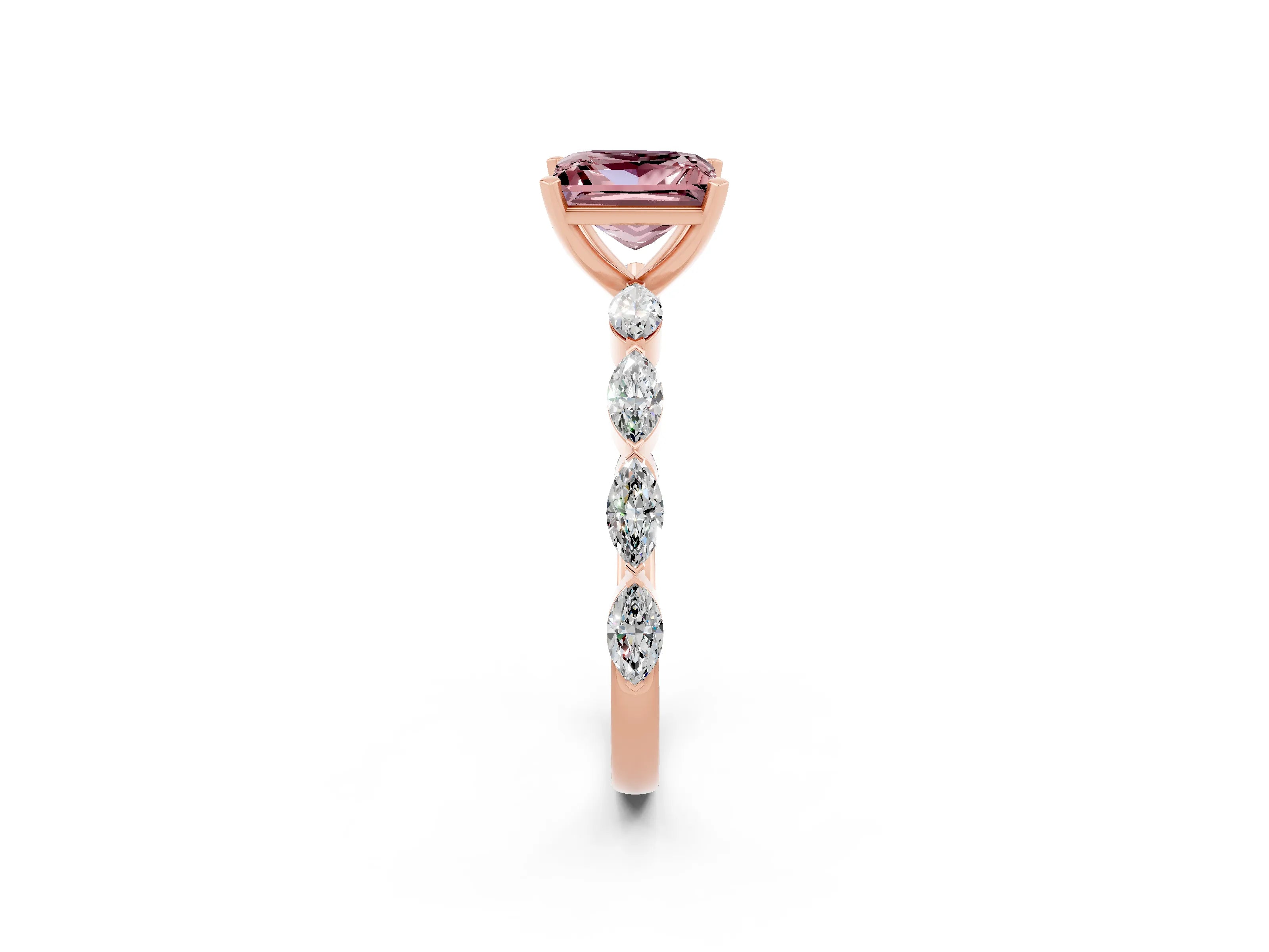 Rose gold Princess Cut Morganite Ring with Marquise Side Stones and Prong Setting_2