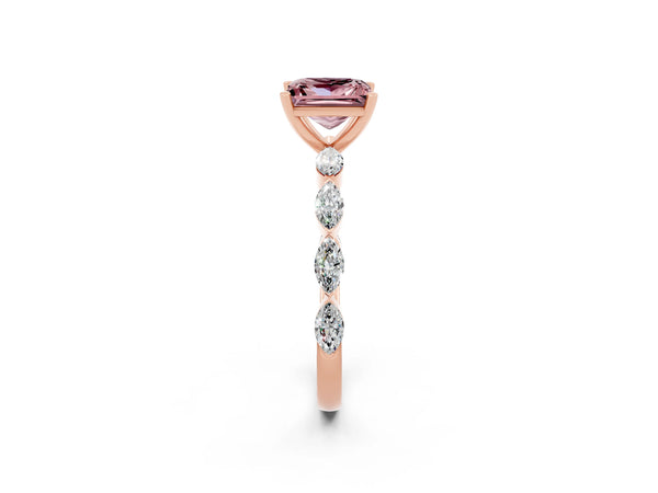 Rose gold Princess Cut Morganite Ring with Marquise Side Stones and Prong Setting