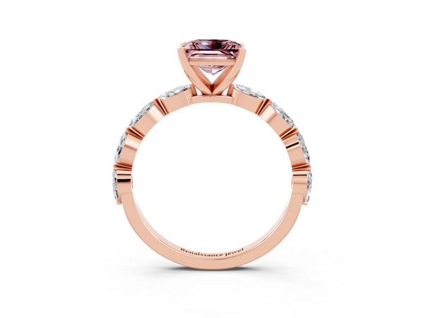 Rose gold Princess Cut Morganite Ring with Marquise Side Stones and Prong Setting