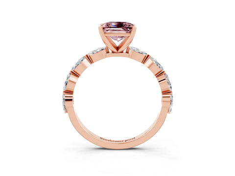 Rose gold Princess Cut Morganite Ring with Marquise Side Stones and Prong Setting_3