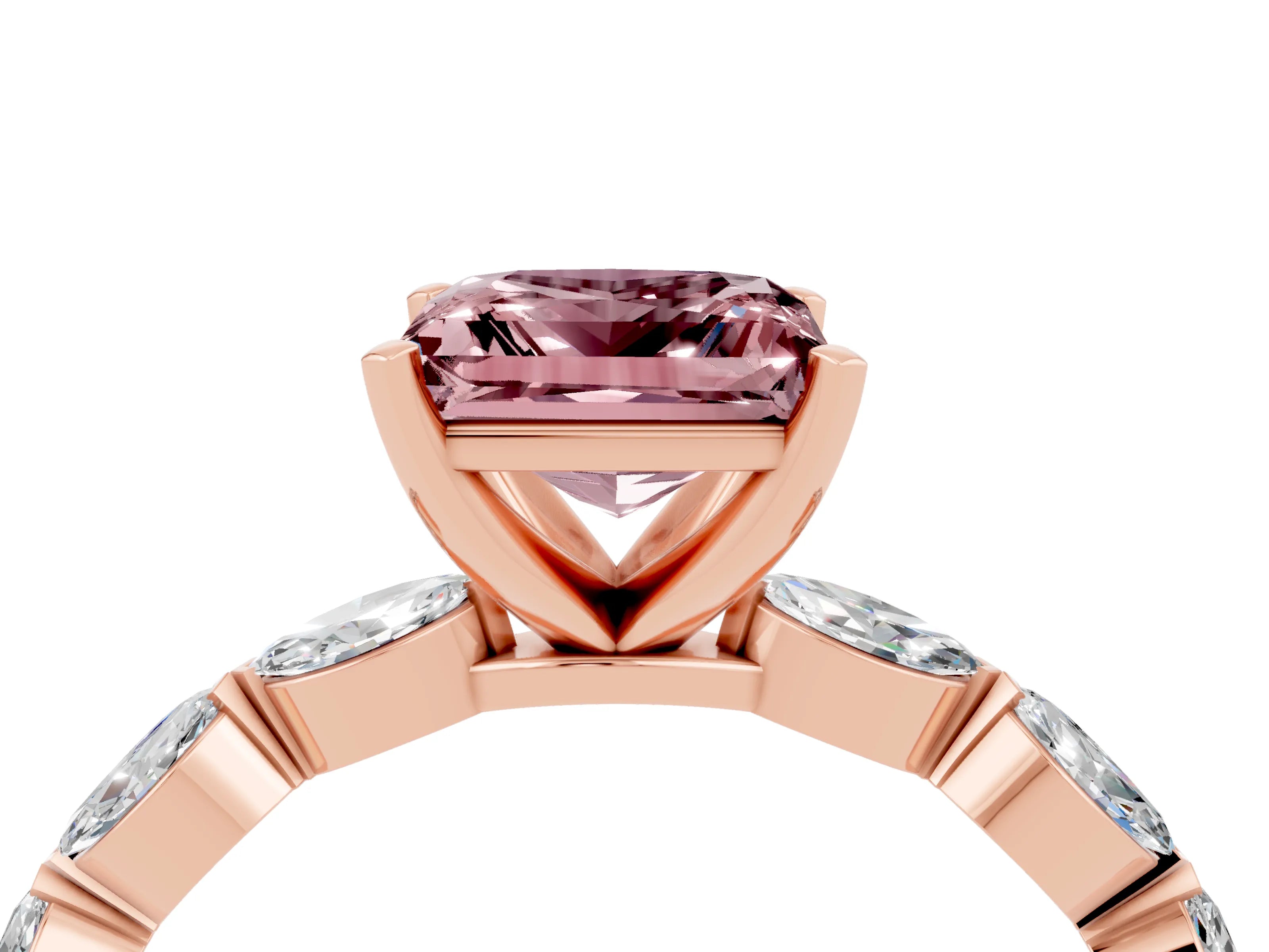 Rose gold Princess Cut Morganite Ring with Marquise Side Stones and Prong Setting_4