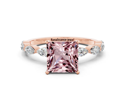 Rose gold Princess Cut Morganite Ring with Marquise Side Stones and Prong Setting