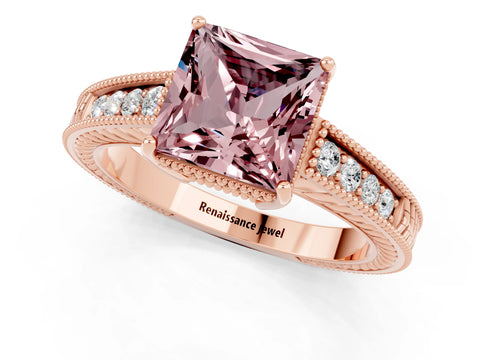 Rose gold Princess Cut Morganite Ring with Milgrain Pavé Band and Four-Prong Setting_13