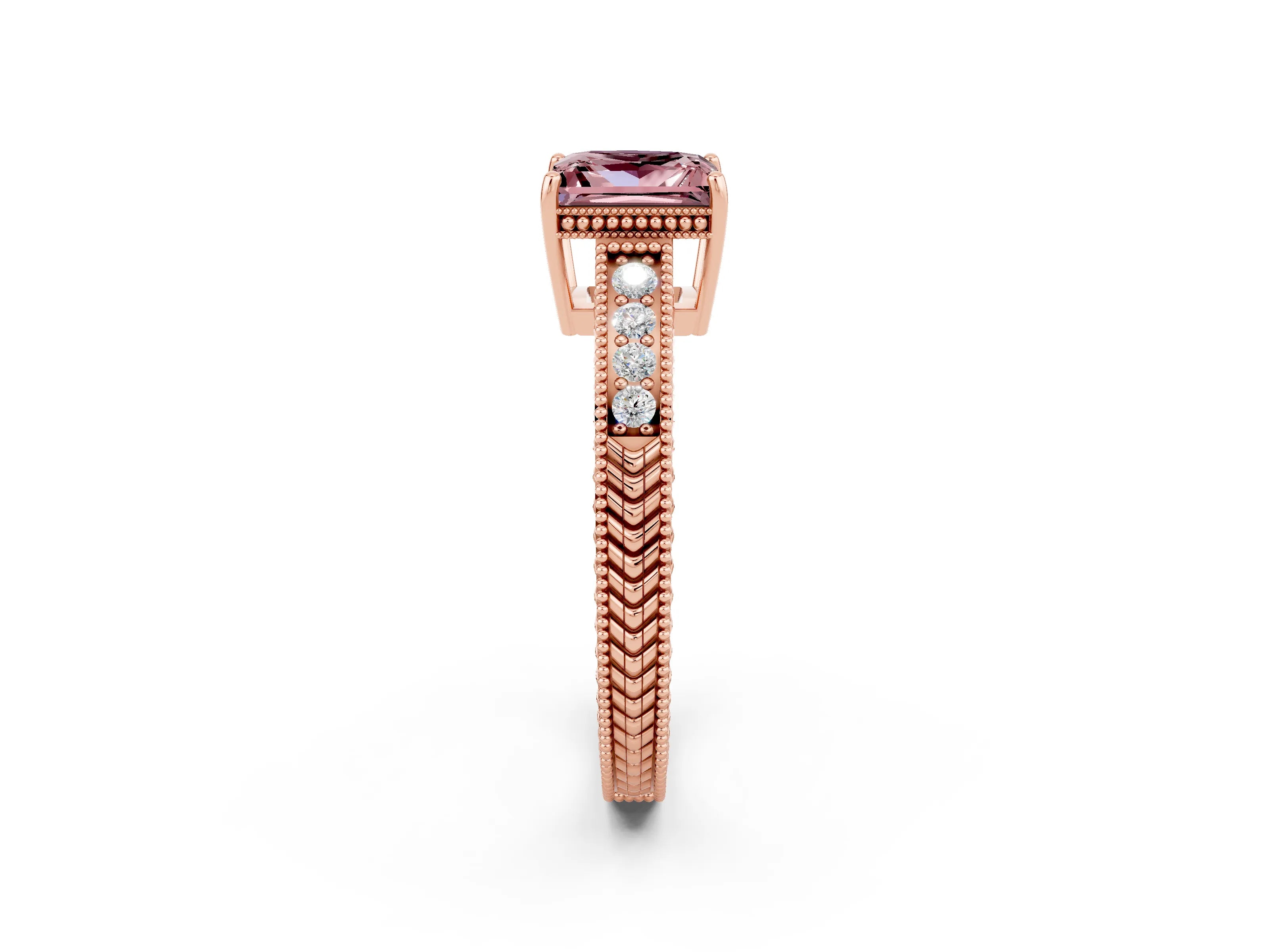 Rose gold Princess Cut Morganite Ring with Milgrain Pavé Band and Four-Prong Setting_14