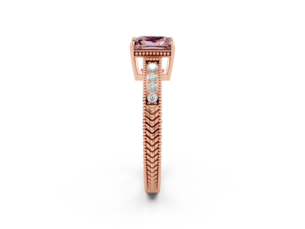 Rose gold Princess Cut Morganite Ring with Milgrain Pavé Band and Four-Prong Setting