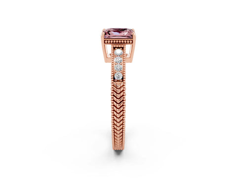 Rose gold Princess Cut Morganite Ring with Milgrain Pavé Band and Four-Prong Setting_14
