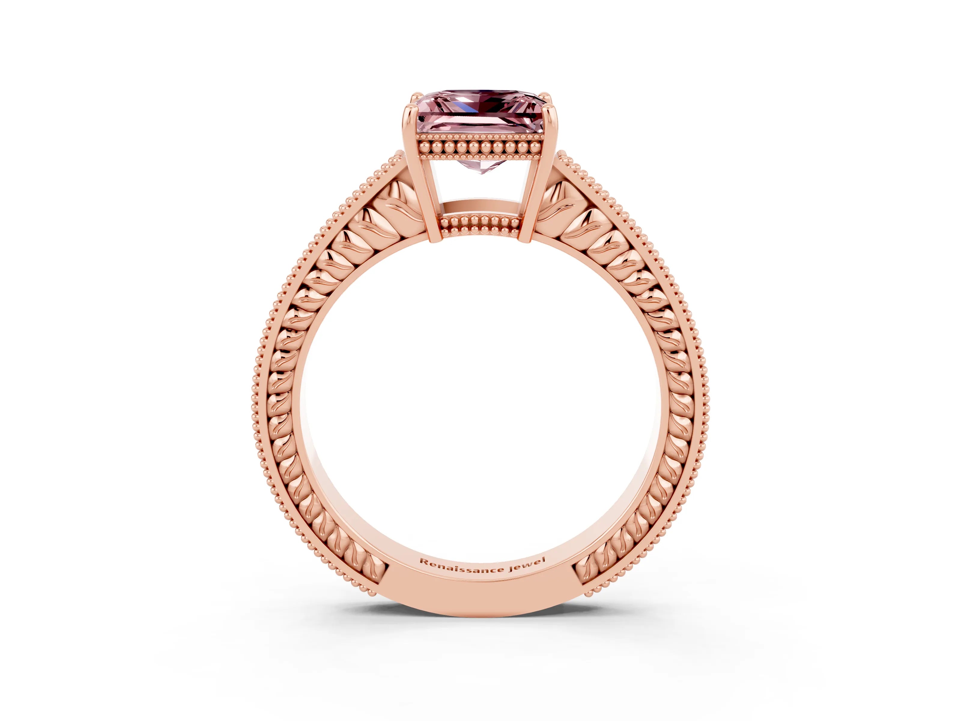 Rose gold Princess Cut Morganite Ring with Milgrain Pavé Band and Four-Prong Setting_15